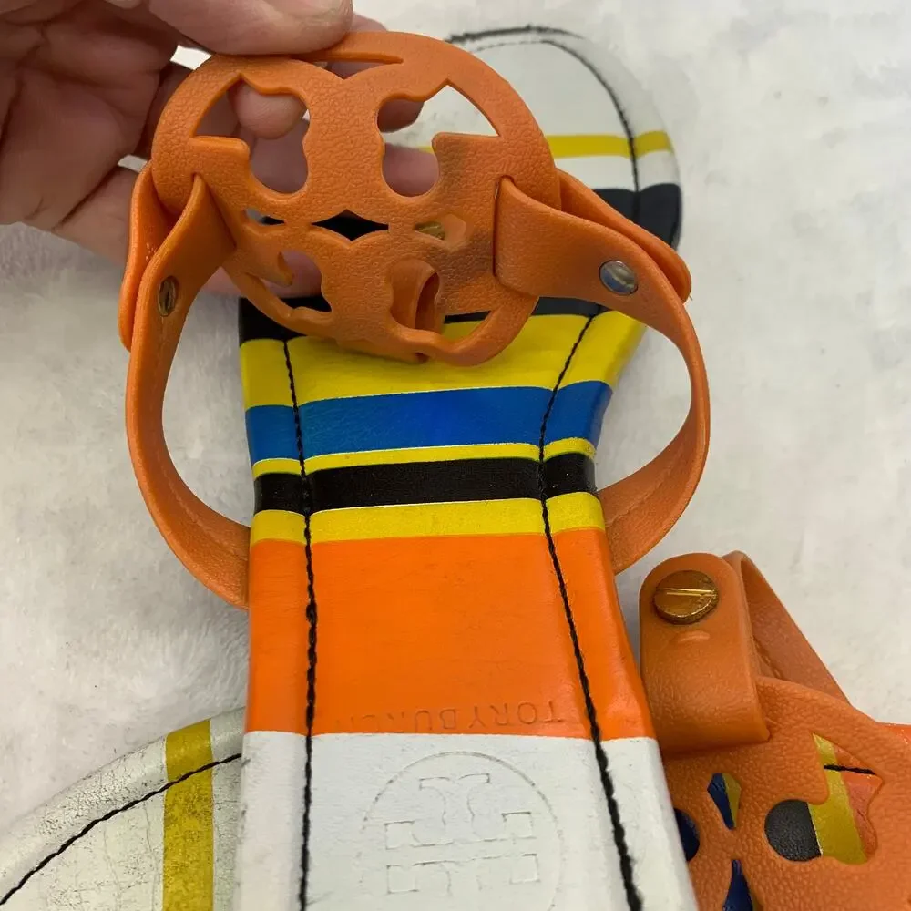Tory Burch Miller Womens 9.5 Striped Sandals Balloon Stripe Colorful Flip Flops